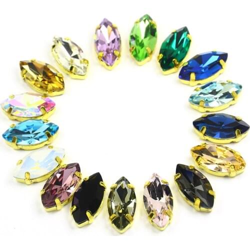Horse Eye Leaf Shape K9 Glass Rhinestones With Claw Sew On Crystal Stone Strass Diamond Golden Metal Base Buckle For Clothes