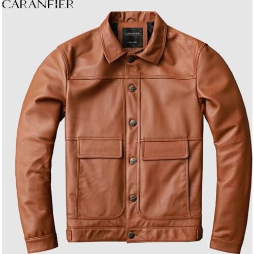 CARANFIER Mens Real Cow Leather Jacket Male Single Breasted Moto Biker Vintage Natural Genuine Cowhide Coat Men Lapel Outerwear