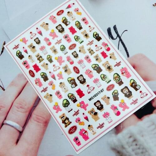 Fashion New Arrival 3d DIY Hot Selling Light Thin Traceless Back Adhesive Nail Stickers Lovely Carton Bears Dry Nail Decals Girl