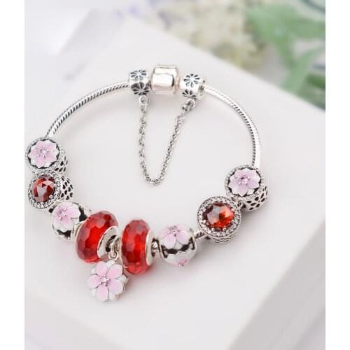 NEW NEW 100% 925 Sterling Silver Bracelet Set For Europe Women Spring Pink Flowers DIY Gift Original Red Charm Bead Jewelry