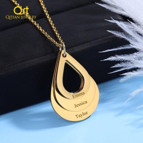 Personalized Name Necklaces Customized Engraved 3 Names Necklace Water Drop Shape Charm Stainless steel Jewelry Gifts For Mom