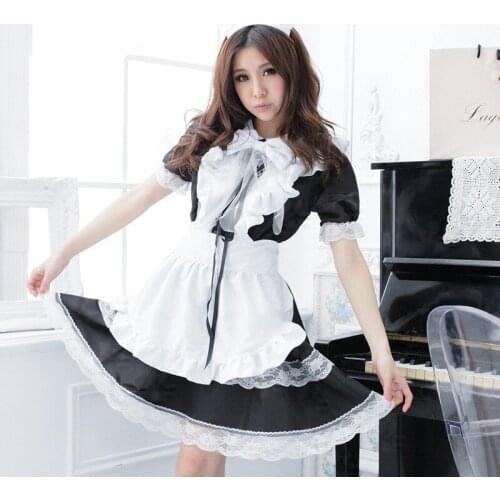 Lolita Maid Dress Cartoon Lovely Princess Cosplay Japanese Lace Short Sleeve White Black Women Dresses With Apron Big Size S-5XL