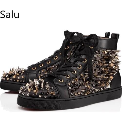 Shooegle Rivets Men Casual Shoes Lace Up High-Top Fashion Spike Rivets Stud Shoes Outdoors Flats Chaussure Homme