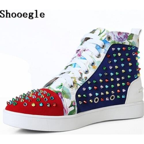 SHOOEGLE New Men Big Size 39-46 Spike Shoes Fashion Flats High-top Men Ankle Boots Printing Platform Colorful Rivets Studs Shoes