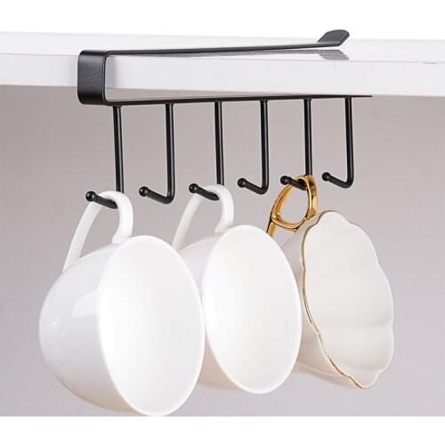 Kitchen Cupboard Storage Rack 6Hooks Iron Cup Hanging Hooks Shelf Single Layer Iron NonPunching For Kitchen Bar Space Organizer