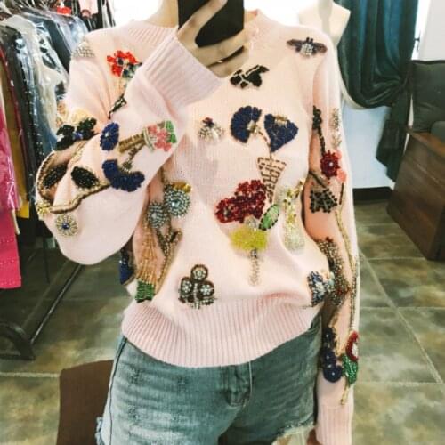Winter Runway Sweater Women Luxury Brand Design Elegant Flowear Diamond Beading Beautiful Loose Warm Pullovers Knit Sweaters