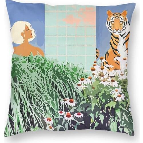 Tiger Neighbor Illustration Wildlife Pillowcase Home Decor Nature Floral Cushions Throw Pillow for Car Polyester Double-sided