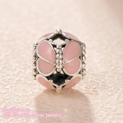 2019 Spring 100% 925 Sterling Silver Pink Butterflies Charm Enamel beads Fits Original Brand bracelets Jewelry Making
