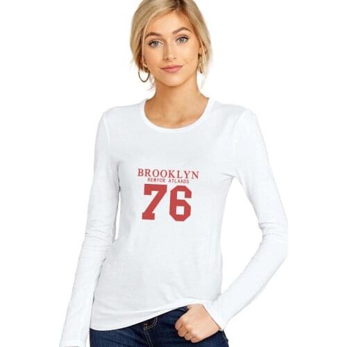 SXYTXE Women Basic Long Sleeve Crew Neck BROOKLYN Printed T-Shirt Casual Fitted Cotton Tops