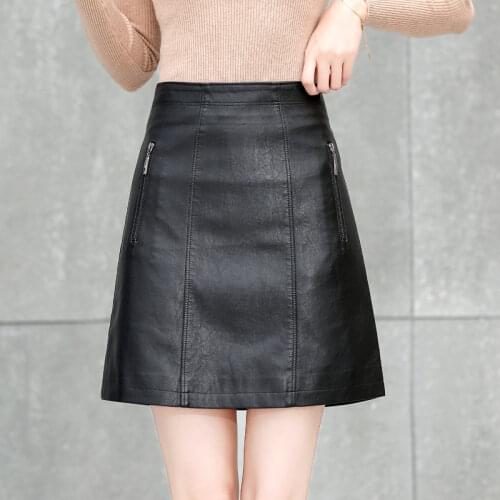 Black Leather Skirt Autumn Winter New Office Lady High Waist Mini Skirt Female A-line PU Leather Skirts Women Plus Size M-5XL