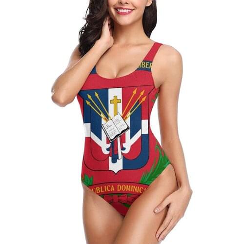 Womens One-Piece Swimsuits Coat of Arms Dominican Republic Flag Backless Bikini Sexy Girl Summer Pool Swimwear Bathing Suit