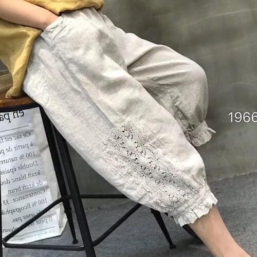 Women Summer Linen Lace Patchwork Solid Color Harem Pants Ladies Vintage Flax Harem Trousers Female 2021 Pants