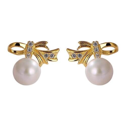 S925 sterling silver gold-plated natural freshwater pearl ear studs personality and fashion bow earrings for women