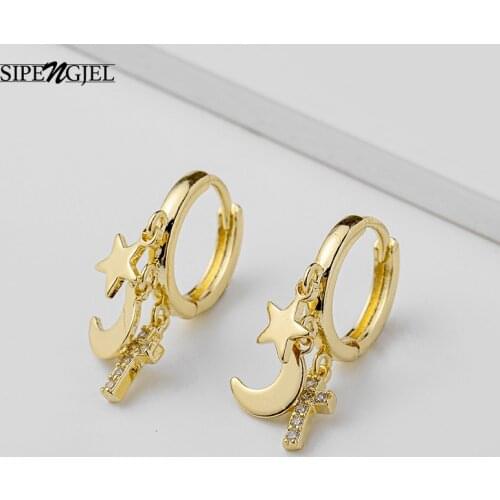 SIPENGJEL Fashion Tiny Cross Small Hoop Earrings For Women Star Cross Circle Pendant Earrings Pendientes Party Jewelry 2021