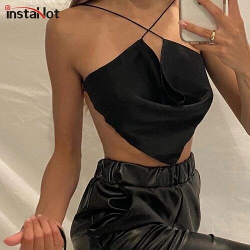 InstaHot Backless sexy silk camisole women summer criss-cross bandage asymmetric crop tops party clubwear female vest tops 2020