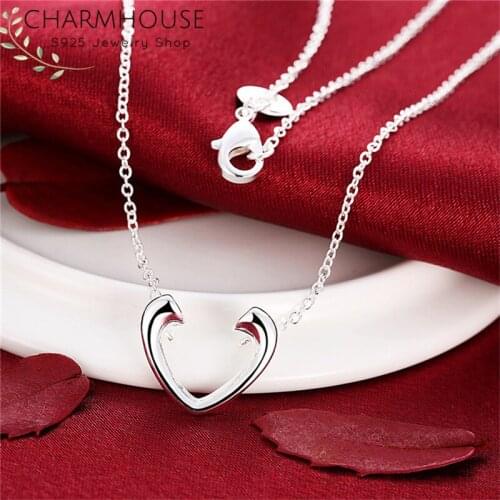 Silver 925 Necklaces For Women Open Heart Pendant & Necklace Link Chain Collier Choker Fashion Jewelry Accessories Party Gifts