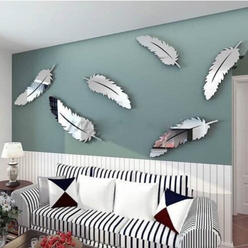 1Set 3D Mirror Feather Decal DIY Wall Stickers Removable Art Mural Home Bedroom Living Room Decor Decorative Wall Art Sticker