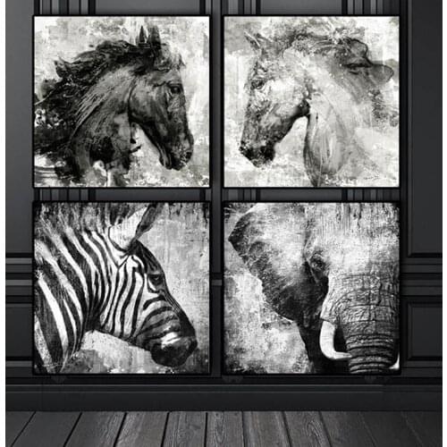 4pcs Black and White Elephant Horse Zebra Full square round Diamond Painting set 5D Diy picture of Rhinestones EmbroideryZP-1154