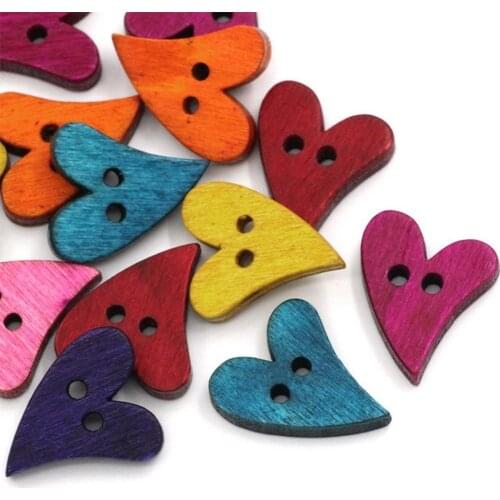 50PCS Mixed Random Color Heart Shape 2 Holes Wood Wooden Buttons for Sewing Crafting