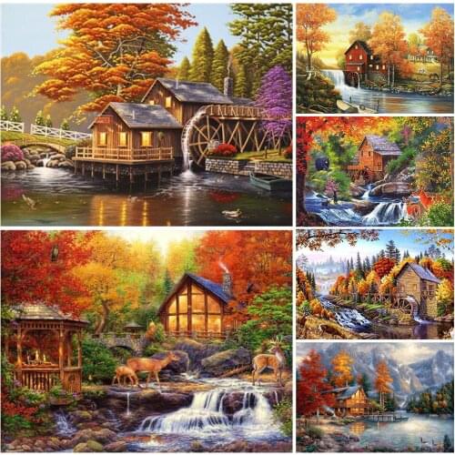 5D Diamond Painting House Full Square Round Diamond Embroidery Landscape Autumn Cross Stitch Diamond Mosaic Fall Decoration Art