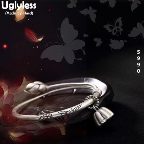 Uglyless Real 990 Fine Silver Bangles for Women Vintage Fashion Flower Charms Jewery Lotus Bangle Handmade Buddhism Bijoux Femme
