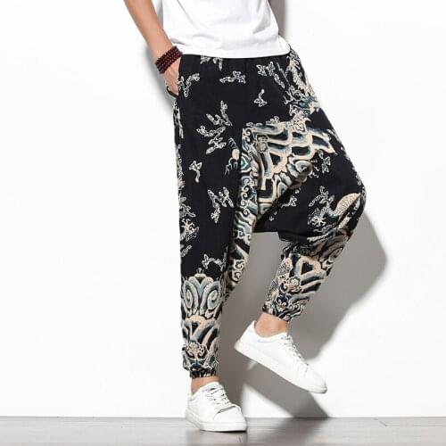 Baggy Cotton Linen Harem Pants Men Hip Hop Women 2020 Printed Wide Leg Trousers Casual Vintage Long Pants Pantalones Hombre