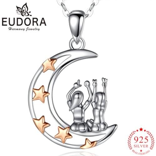 Eudora Real 925 Sterling Silver Good Sister Rose Gold Pendant LOVE Moon Neckalce Fashion Jewelry for Birthday Gift Box CYD642