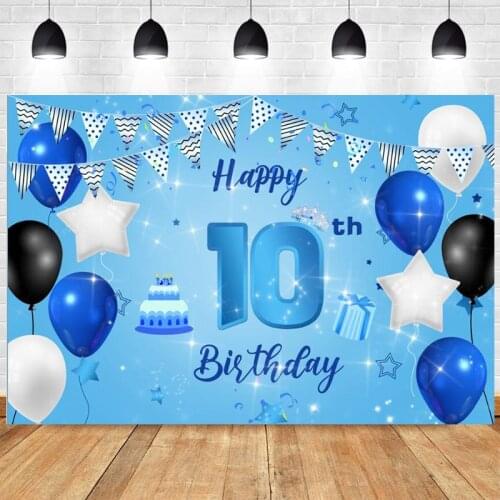 Blue 10th Photo Backdrop Boys Happy Birthday Party Balloon Photography Background Photocall Decoration Banner
