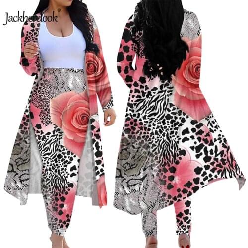 Jackherelook Rose Leopard Grain Print Plus Size Front Open Cardigan for Womens Bodycon Pant Suit Skinny Long Pants 2 Set Outfits