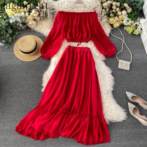 Gaganight Holiday Beach Women Two Pieces Set Long Sleeve Slash Neck Solid Long Skirt High Waist Elegant Ladies Suit 2 Pieces Set