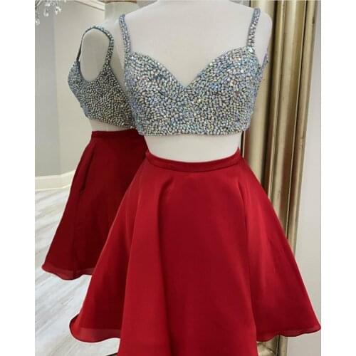 Short A-Line V-Neck Satin Beaded Red 2 Pieces Homecoming Dresses with Pockets Knee Length Zipper Graduation Dresses for Teens