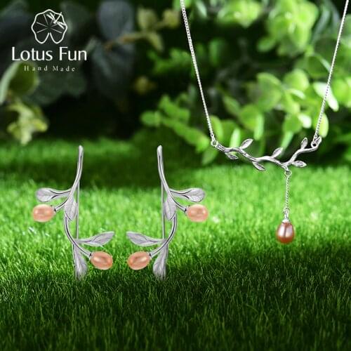 Lotus Fun Real 925 Sterling Silver Natural Pearl Fine Jewelry Waterdrop from Olive Leaves Jewelry Set with Drop Earring Necklace