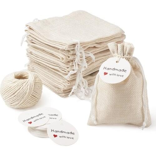 Pandahall Burlap Packing Pouches Drawstring Bags Paper Price Tags and Hemp Cord Twine String for Jewelry Making Jewelry Display