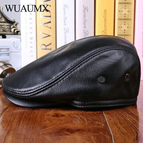 Wuaumx High Quality Genuine Cow Leather Berets For Men Winter Beret Hats With Ear flap Cowskin Duckbill Cap Warm Russian Hats
