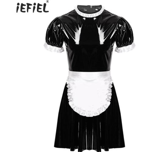 Gay Mens Sissy Maid Dress Cosplay Costume Exotic Sets Short Sleeves Wet Look Leather Maid Servant Uniforms Flared Latex Dress