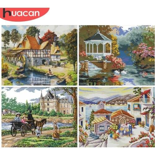 HUACAN Cross Stitch Scenery Kits 11CT 14CT DIY Gift White Canvas Home Decoration Embroidery Landscape Sets Needlework