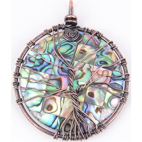 Natural Stone Round Abalone Shell Pendant Protective Copper Line Wrapped Tree of Life Necklace fit Women Fashion Jewelry D545