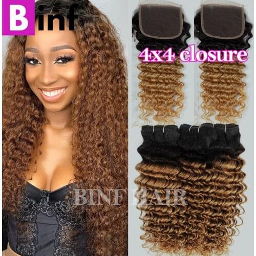 Deep Wave Bundles with Closure T1b/27 T1b/99J Ombre Color Brazilian Remy Hair Weave Bundles With Closure Human Hair Bundles