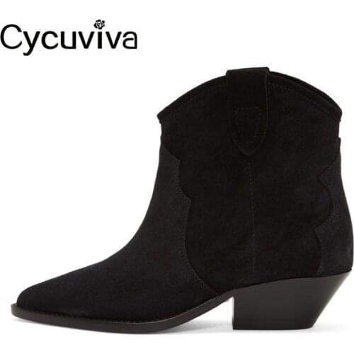 Retro Suede Ankle Boots Classic Pointed Toe Chelsea Boots Embroider Wedges Heel Short Boots Runway Winter Black Shoes Woman
