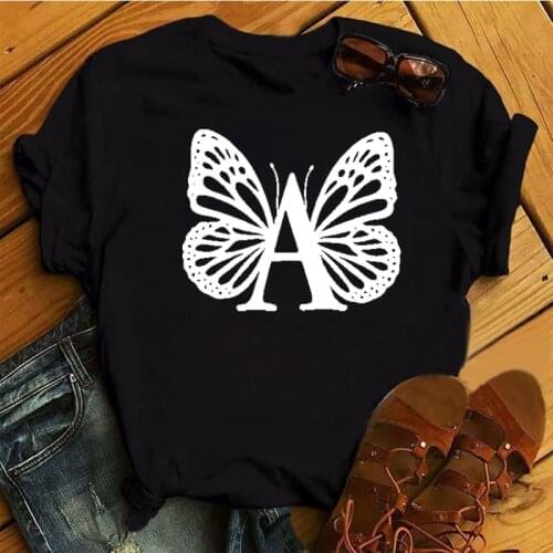 Women Black T Shirt Butterfly Alphabet Font A B C D E F Print Tops Personality Custom Name Tee Female Casual Tops Cute T-shirts