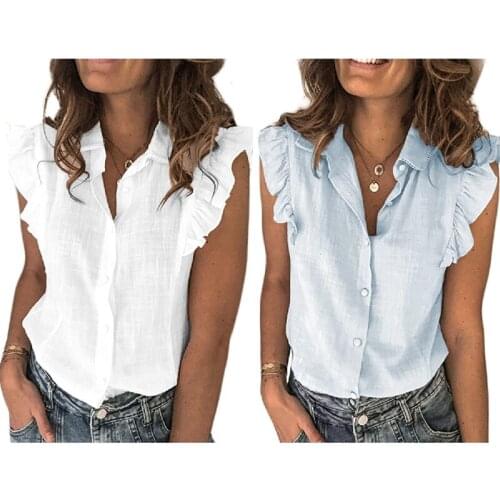 2X Summer Ruffled Shirt Female Button Female Shirt Elegant Sleeveless Fashion Shirt M Size White/Light Blue