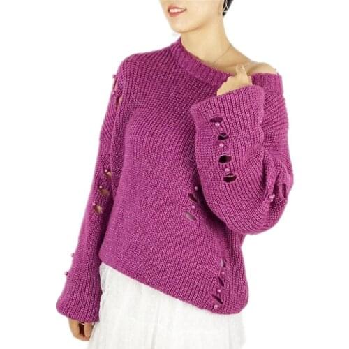 Sexy Holes Autumn Winter Women Loose Sweater 2018 New O-Neck Women Sweater With Pearls Loose Fashion Lantern Sleeve Sweater Q673