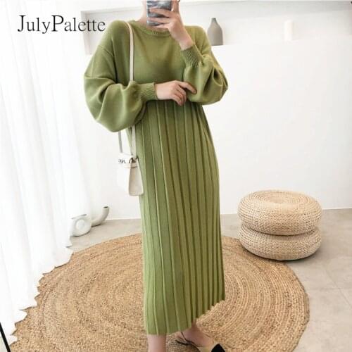 JulyPalette 2021 Autumn Winter Thicken Long Knitting Dress Fashion Lantern Sleeve Female Pleated Oversize Sweater Dress 5 Colors