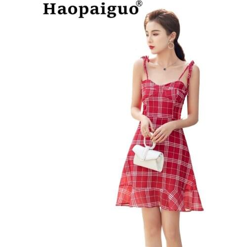 Big Size Spaghetti Strap Classic Print Plaid Mini Dress Women Evening Party Club Dress Women Backless Elegant Red Dress Summer