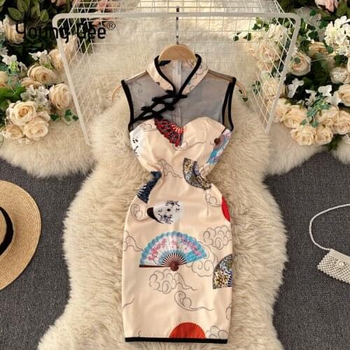 Young Gee women dress cheongsam chinese fan printed mini dress streetwear sexy vintage summer slim pencil tube nightclub dresses