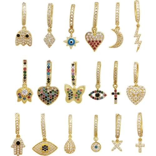 1 Piece Mini Small Hoop Earrings Women Heart Cross Evil Eye Paw Butterfly Moon Lightning Hand Rainbow CZ Jewelry Earring Aretes