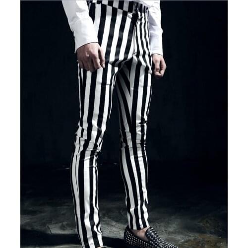 27-44 ! 2017 Hair Stylist black and white vertical stripe skinny trousers mens clothing slim casual pants plus size costumes