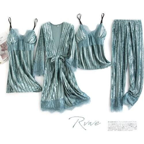 4PCS Velour Kimono Robe Sets Sexy Bling Stripe Lady Bathrobe Sweet Lace Flower Trim Sleepwear Nightwear Autumn Winter Homewear
