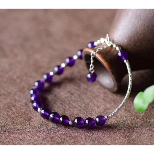 6mm Natural Amethyst Bracelet Silver Jewelry Womens Crystal Jewelry Small Fresh Bracelet