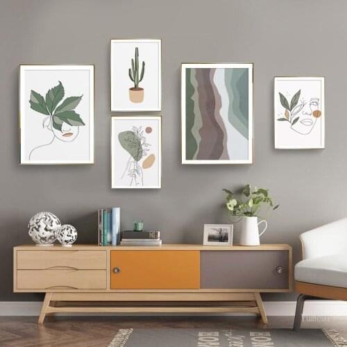 Abstract Minimalist Female Face Hands Line Beach Boho Poster Cactus Print Wall Art Picture Canvas Painting Modern Home Decor